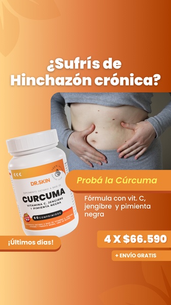 A vertical ad featuring a product visual of Curcuma supplements paired with a relatable physical pain point: chronic bloating.